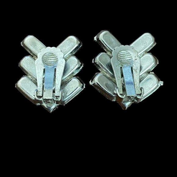Vintage Black and Clear Rhinestone Silver Tone Clip Earrings - Picture 2 of 4